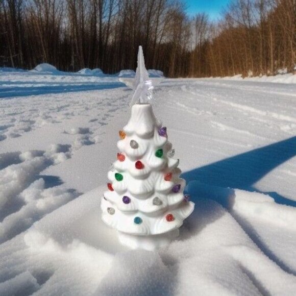 White Ceramic Light Up Christmas Tree holiday 8 inch seasonal winter retro look - Picture 1 of 2